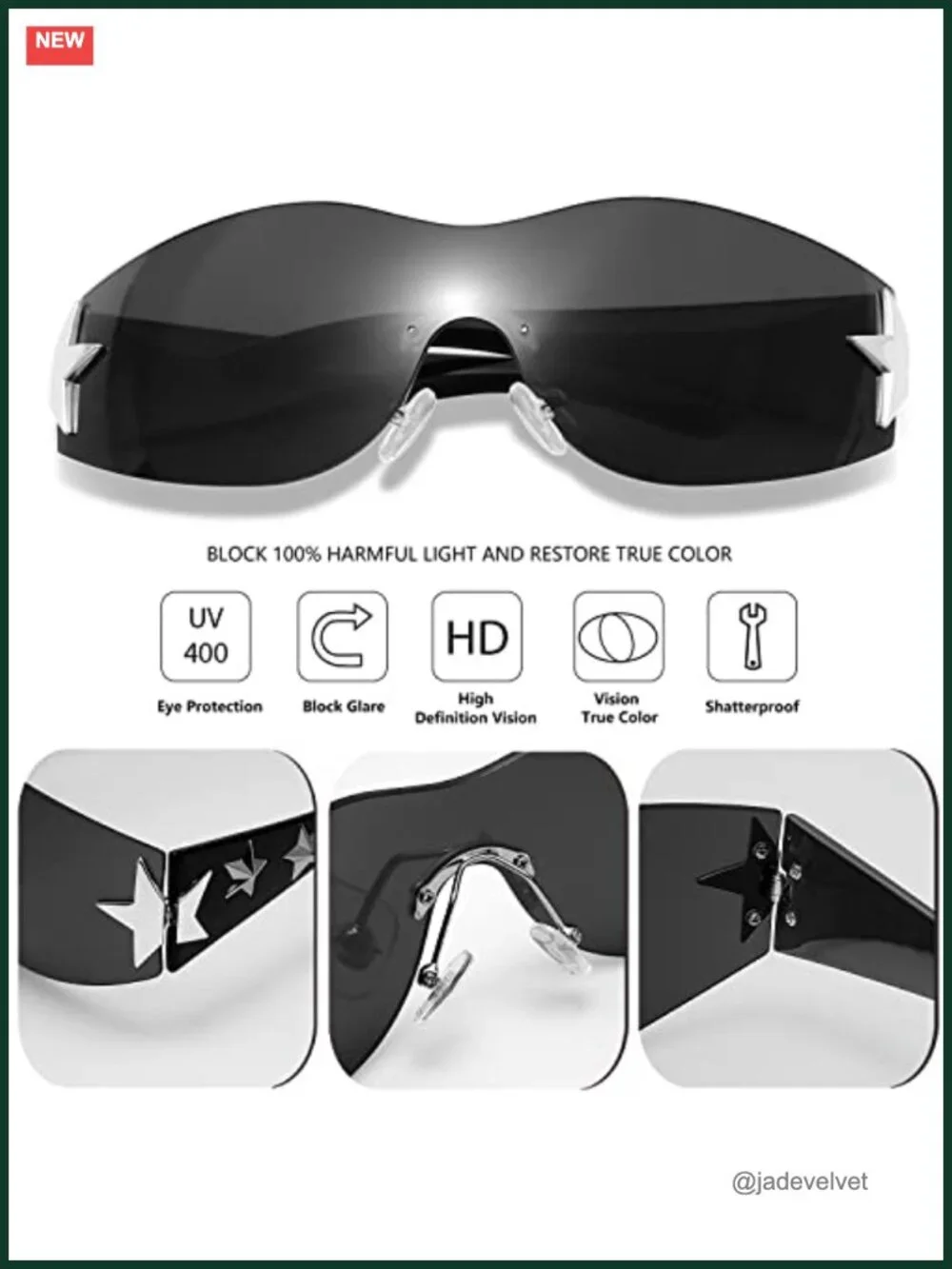 Rimless Wrap Around Sunglasses Y2K Star Shield Shades UV400